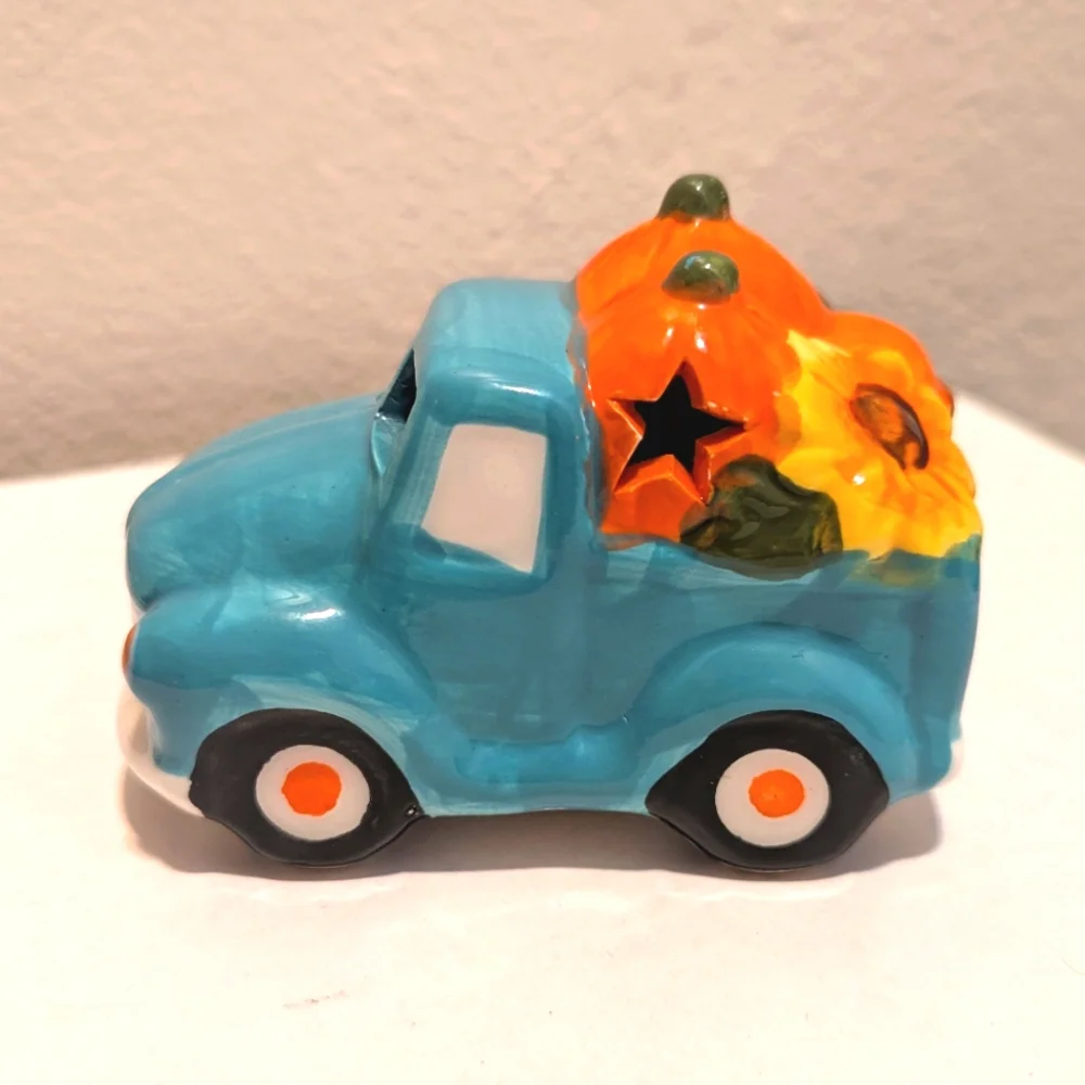 Teal Ceramic Truck with Pumpkins